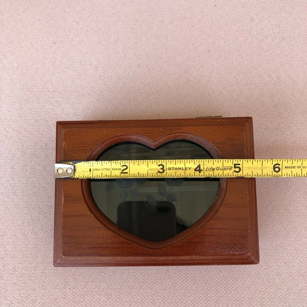 Vintage Solid Wood Small Jewelry Box, Heart Shape Etched Glass Window, Padded